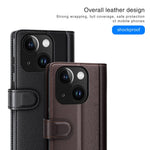 Til iPhone 15 Plus cover i ægte splidlæder med pung og standerfunktion