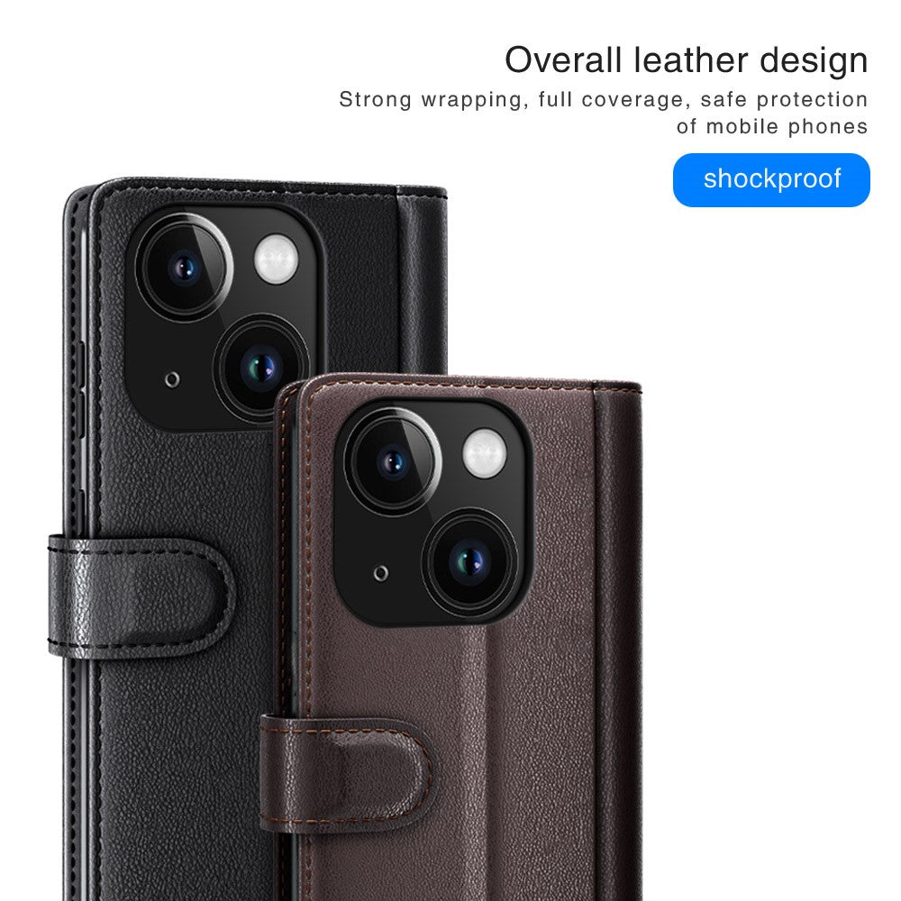 Til iPhone 15 Plus cover i ægte splidlæder med pung og standerfunktion