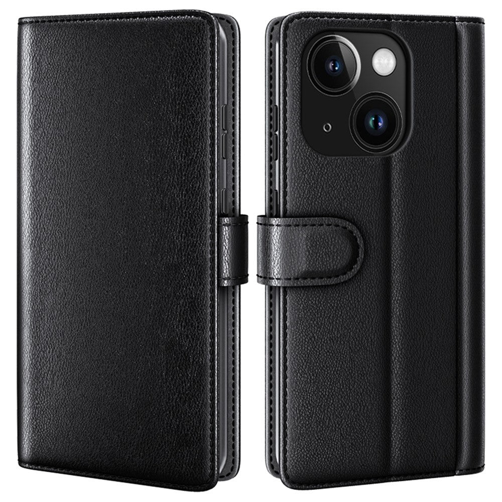 Til iPhone 15 Plus cover i ægte splidlæder med pung og standerfunktion