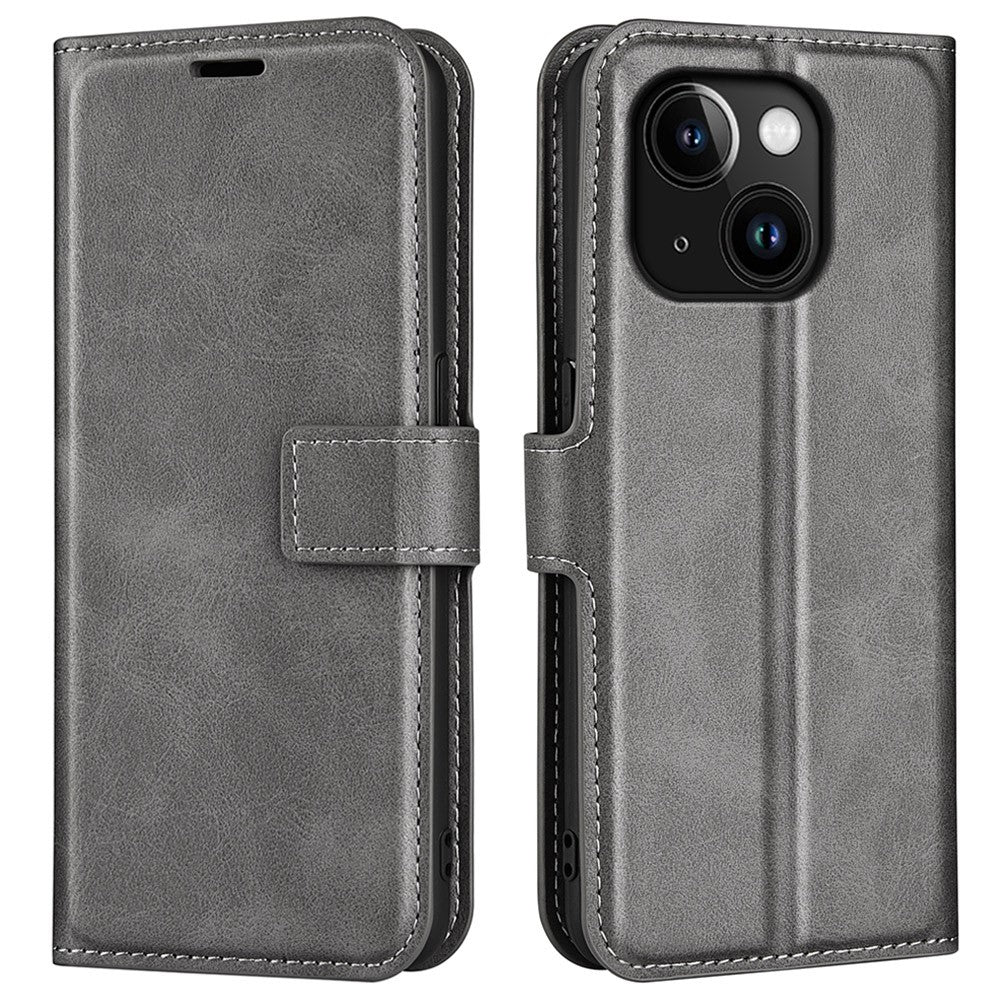 Calf Texture Leather Cover for iPhone 15 Square Magnetic Closure Stand Wallet Phone Case