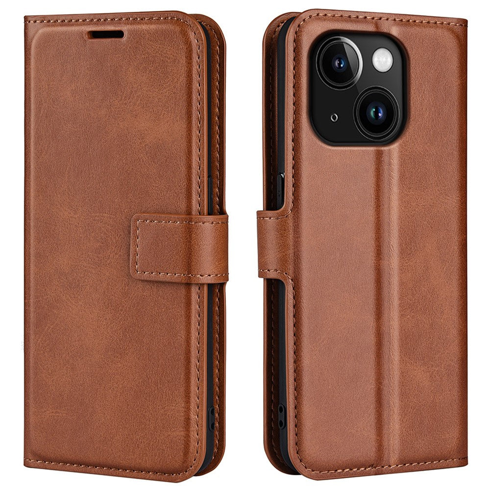 Calf Texture Leather Cover for iPhone 15 Square Magnetic Closure Stand Wallet Phone Case