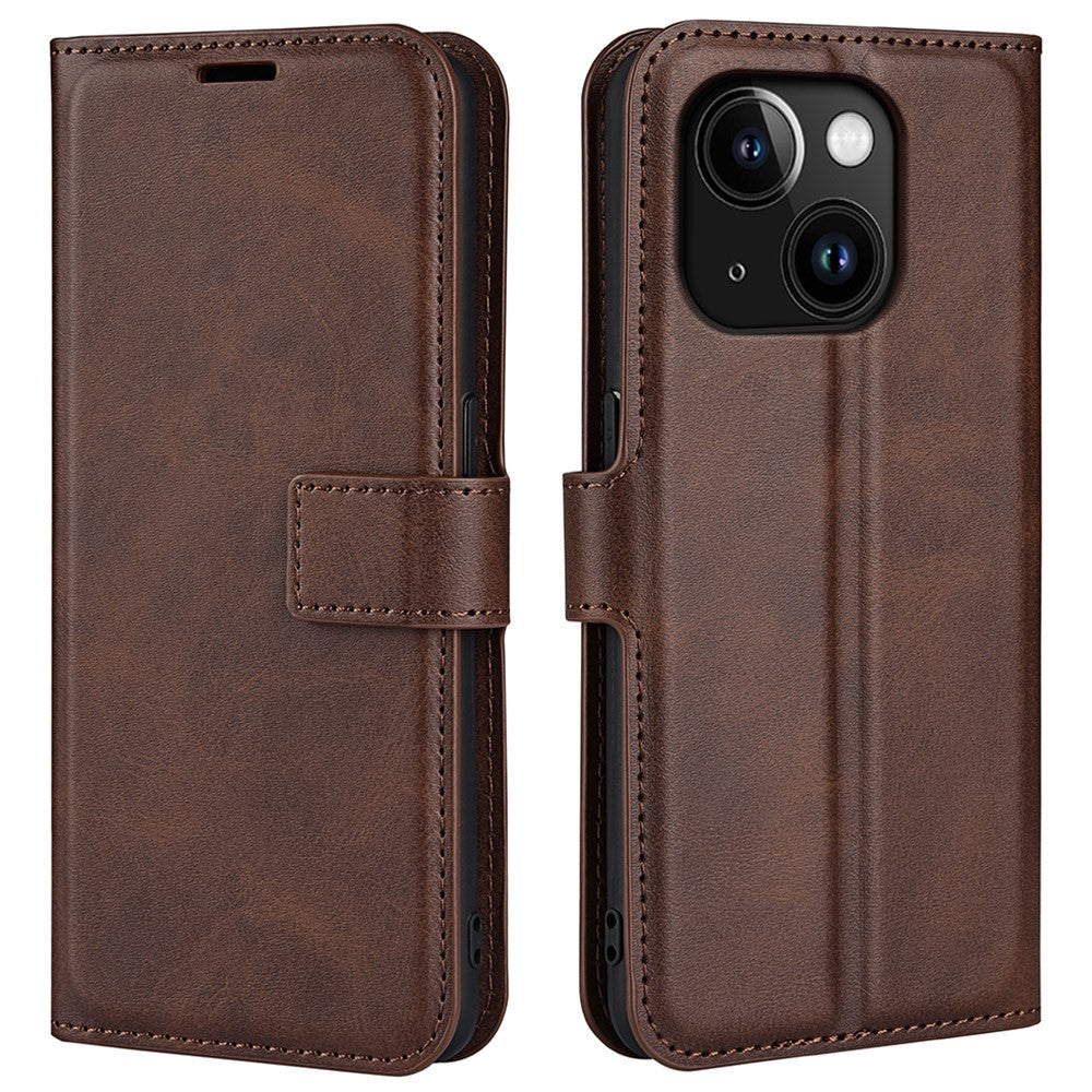 Calf Texture Leather Cover for iPhone 15 Square Magnetic Closure Stand Wallet Phone Case