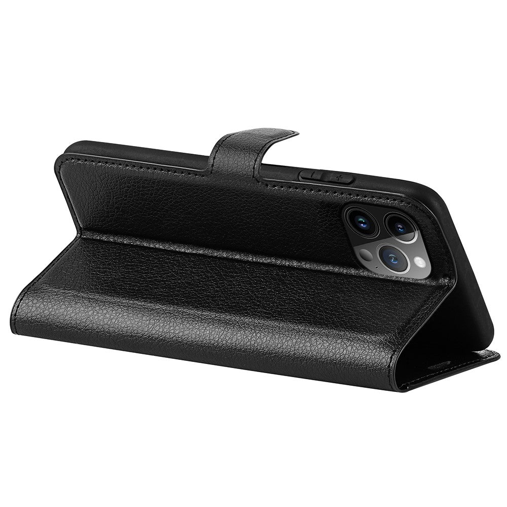 For iPhone 15 Pro Shockproof Wallet Phone Cover PU Leather Litchi Texture Stand Mobile Phone Case