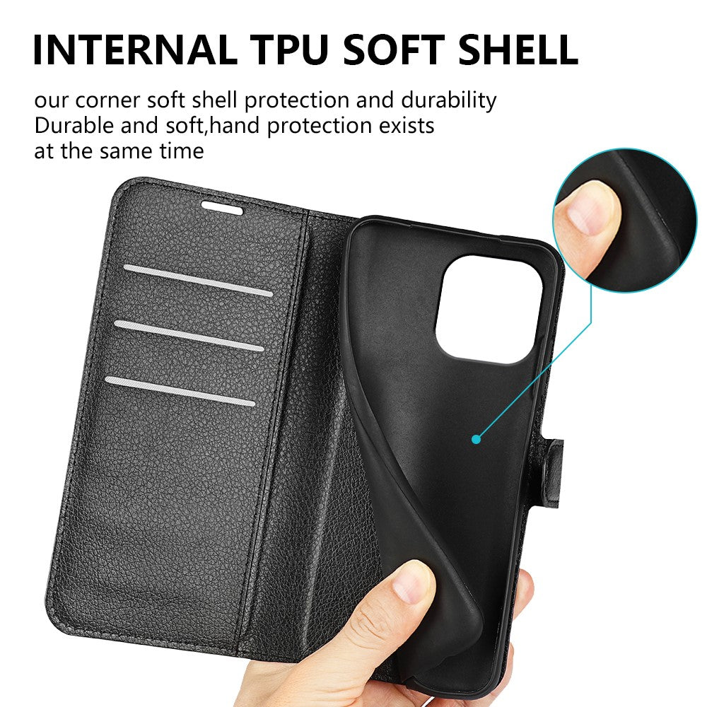 For iPhone 15 Pro Shockproof Wallet Phone Cover PU Leather Litchi Texture Stand Mobile Phone Case