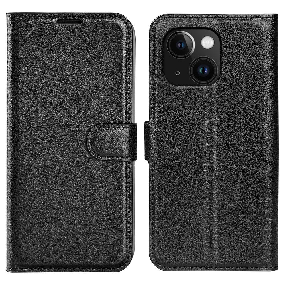 Stand Phone Case for iPhone 15 Plus PU Leather Litchi Texture Wallet Folio Flip Phone Cover