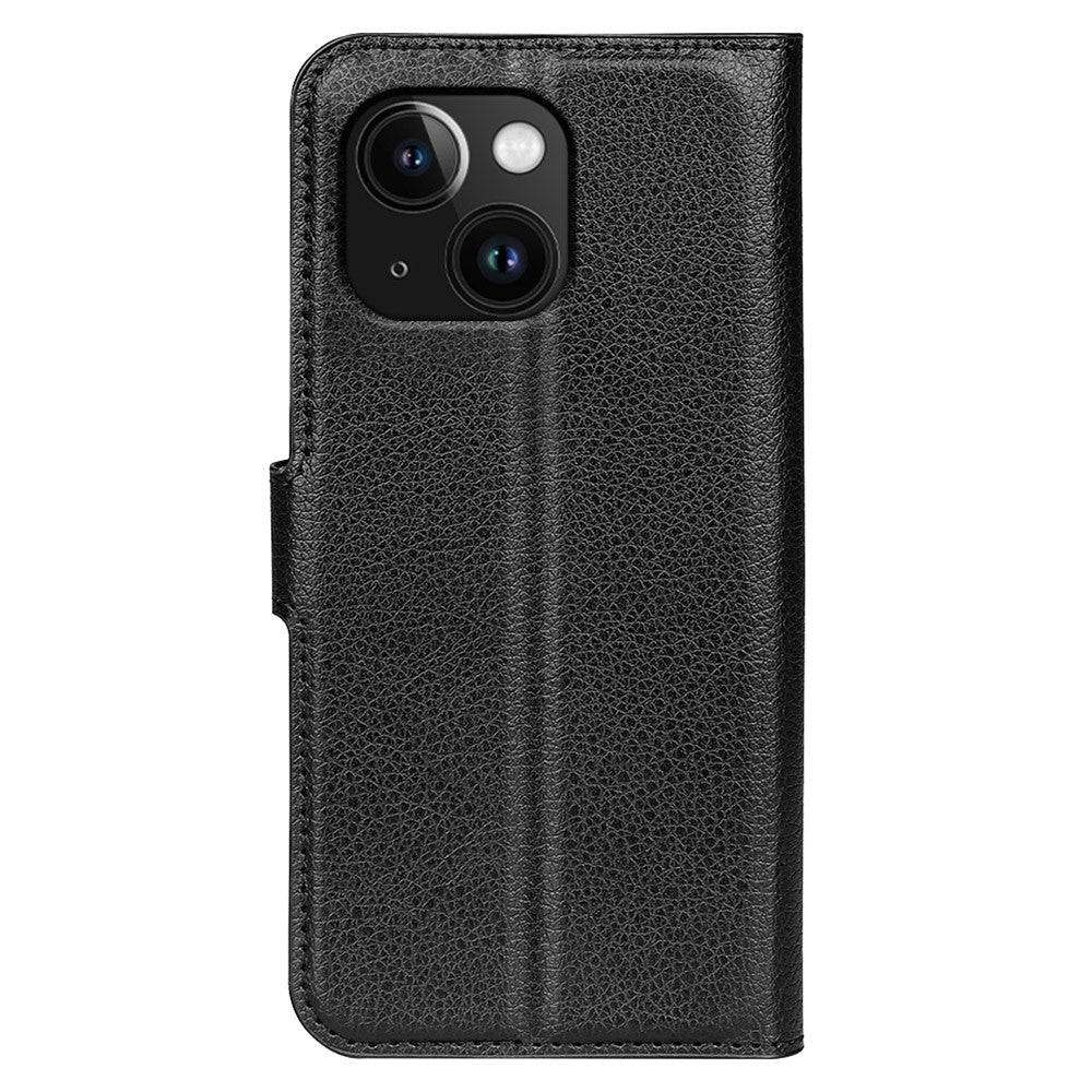 Stand Phone Case for iPhone 15 Plus PU Leather Litchi Texture Wallet Folio Flip Phone Cover