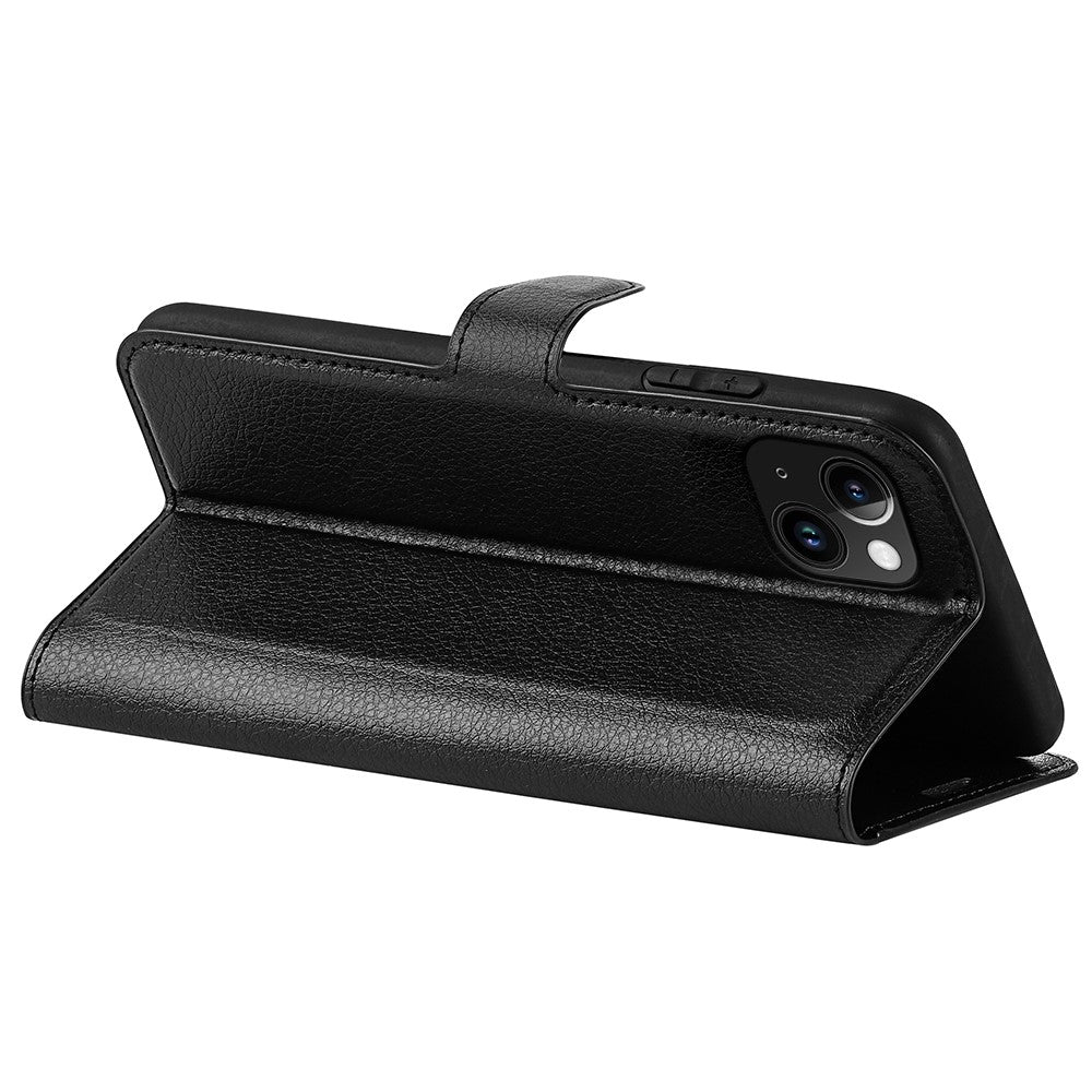 Stand Phone Case for iPhone 15 Plus PU Leather Litchi Texture Wallet Folio Flip Phone Cover