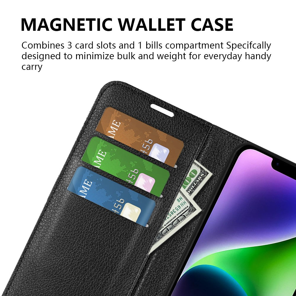 Stand Phone Case for iPhone 15 Plus PU Leather Litchi Texture Wallet Folio Flip Phone Cover
