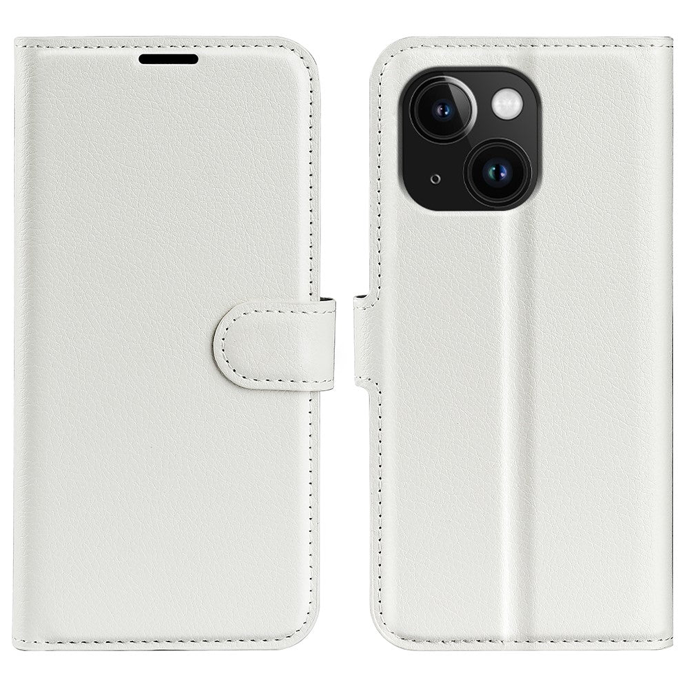 Stand Phone Case for iPhone 15 Plus PU Leather Litchi Texture Wallet Folio Flip Phone Cover