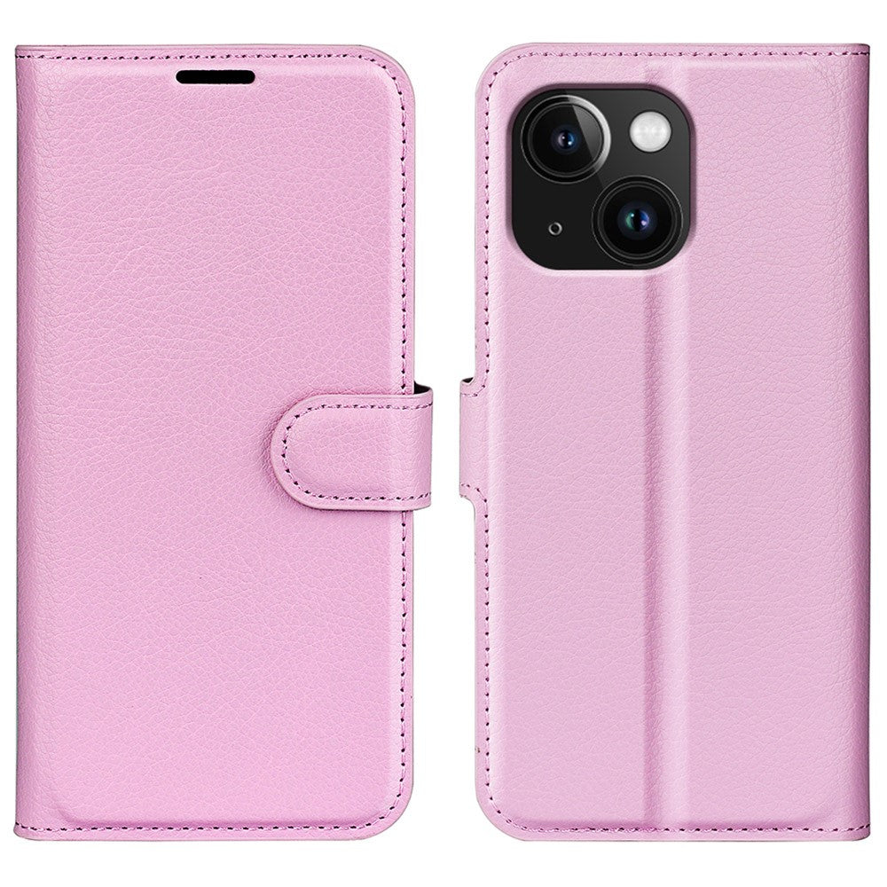 Stand Phone Case for iPhone 15 Plus PU Leather Litchi Texture Wallet Folio Flip Phone Cover