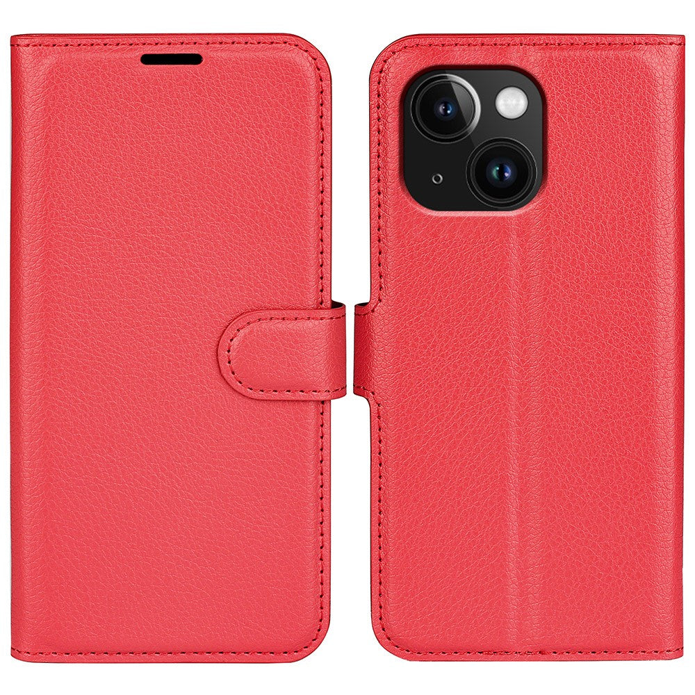 Stand Phone Case for iPhone 15 Plus PU Leather Litchi Texture Wallet Folio Flip Phone Cover