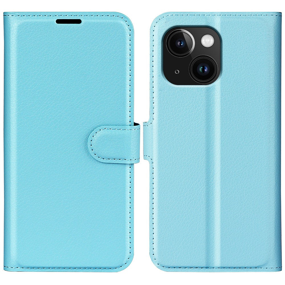 Stand Phone Case for iPhone 15 Plus PU Leather Litchi Texture Wallet Folio Flip Phone Cover