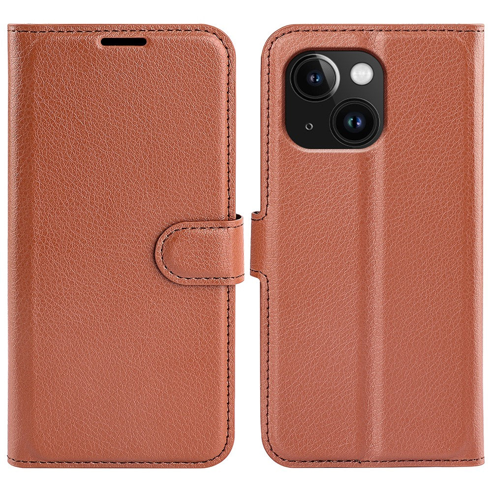 Stand Phone Case for iPhone 15 Plus PU Leather Litchi Texture Wallet Folio Flip Phone Cover