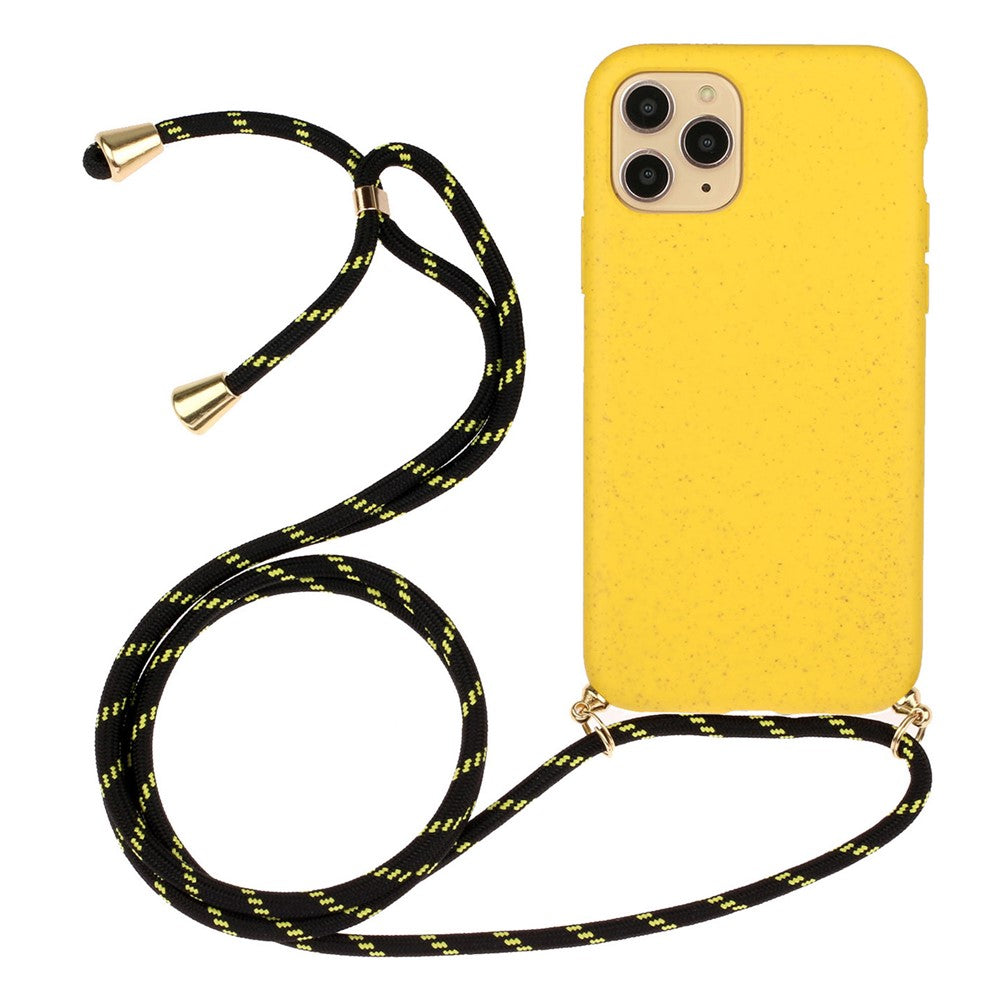 For iPhone 15 Pro Max Mobile Phone Case Biodegradable Wheat Straw+TPU Protection Cover with Lanyard