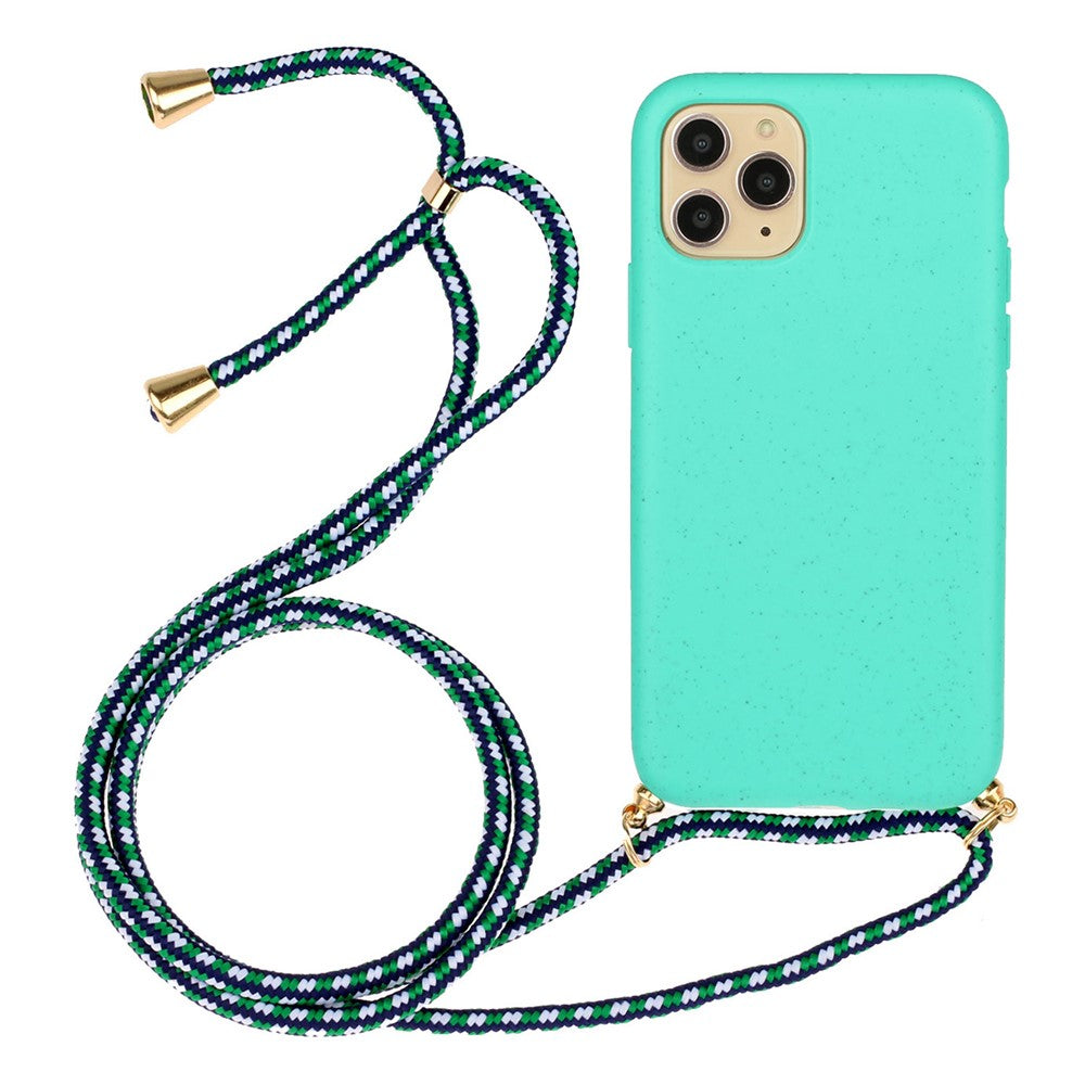 For iPhone 15 Pro Max Mobile Phone Case Biodegradable Wheat Straw+TPU Protection Cover with Lanyard