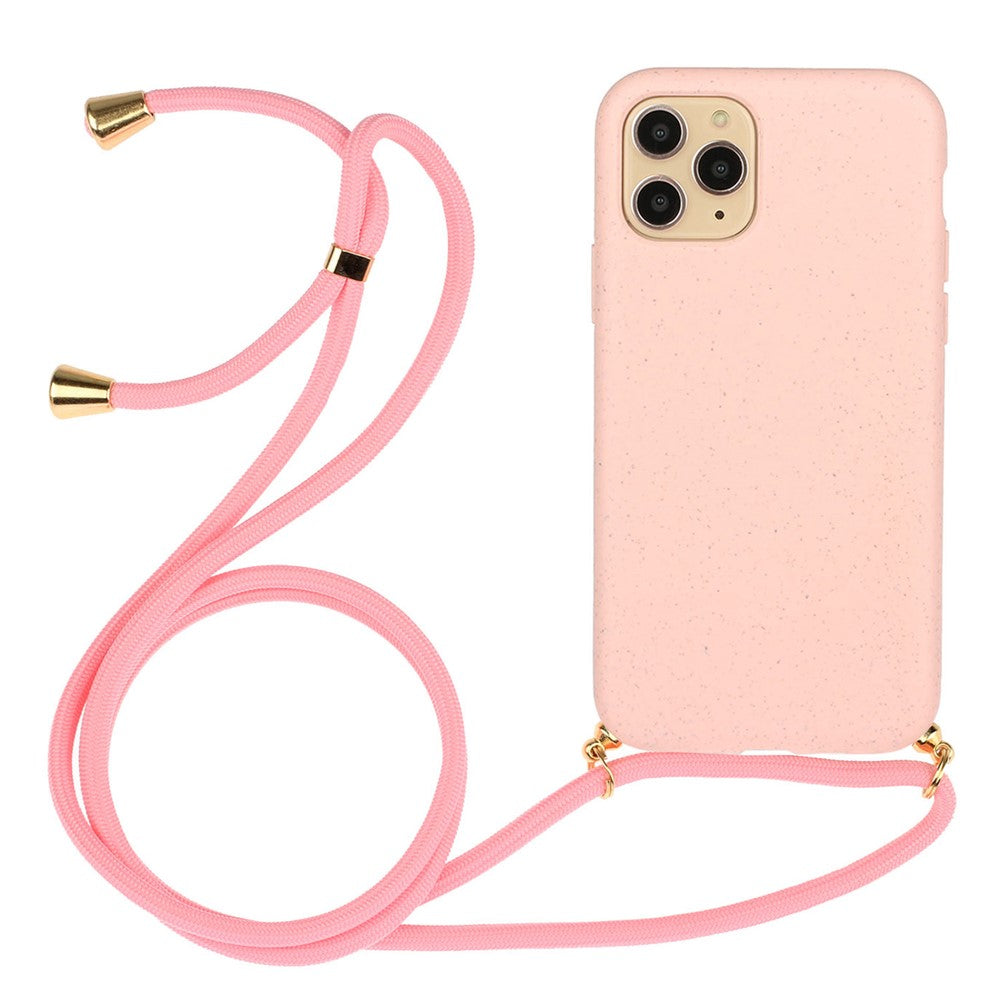 For iPhone 15 Pro Max Mobile Phone Case Biodegradable Wheat Straw+TPU Protection Cover with Lanyard