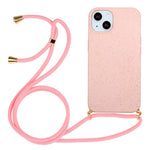 For iPhone 15 Plus Biodegradable Phone Case Wheat Straw+TPU Shockproof Protection Cover with Lanyard