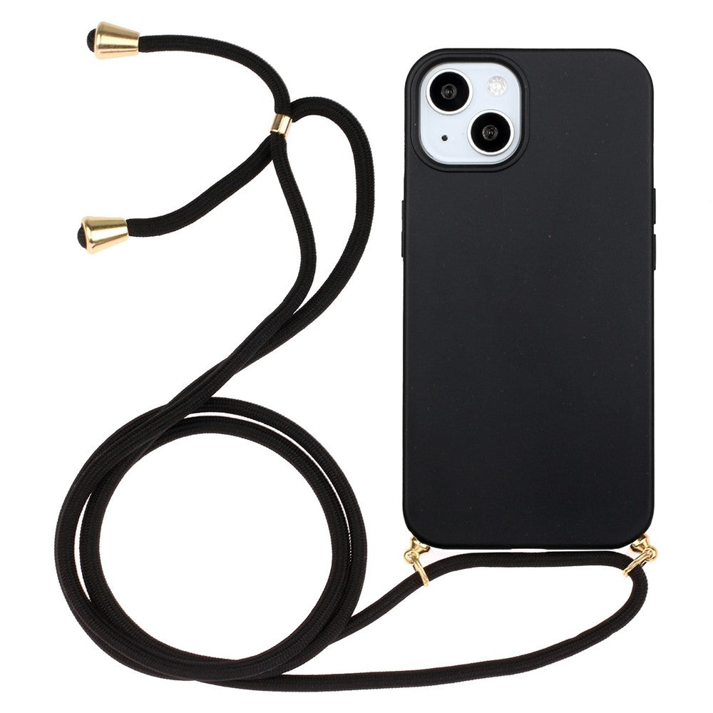 For iPhone 15 Eco-Friendly Phone Case Compostable Wheat Straw+TPU Shock Absorbing Cover with Lanyard