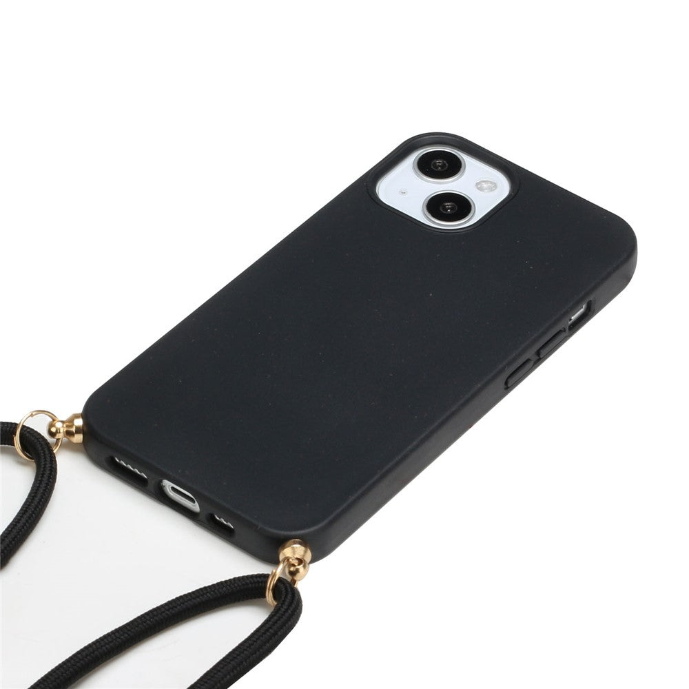 For iPhone 15 Eco-Friendly Phone Case Compostable Wheat Straw+TPU Shock Absorbing Cover with Lanyard