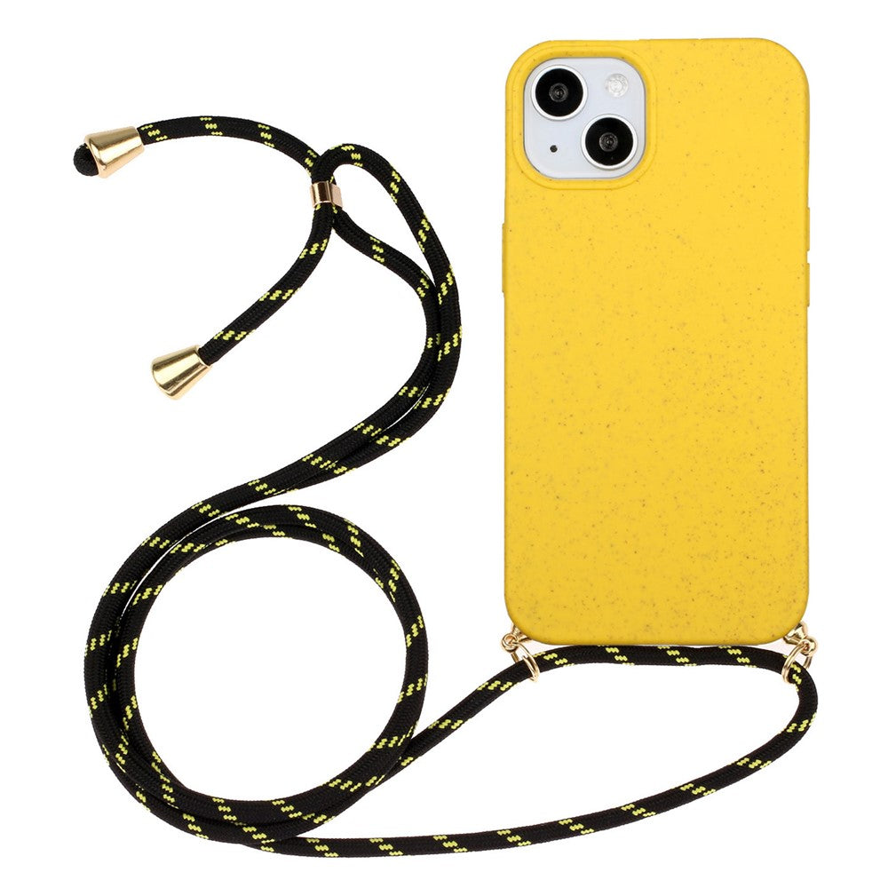 For iPhone 15 Eco-Friendly Phone Case Compostable Wheat Straw+TPU Shock Absorbing Cover with Lanyard