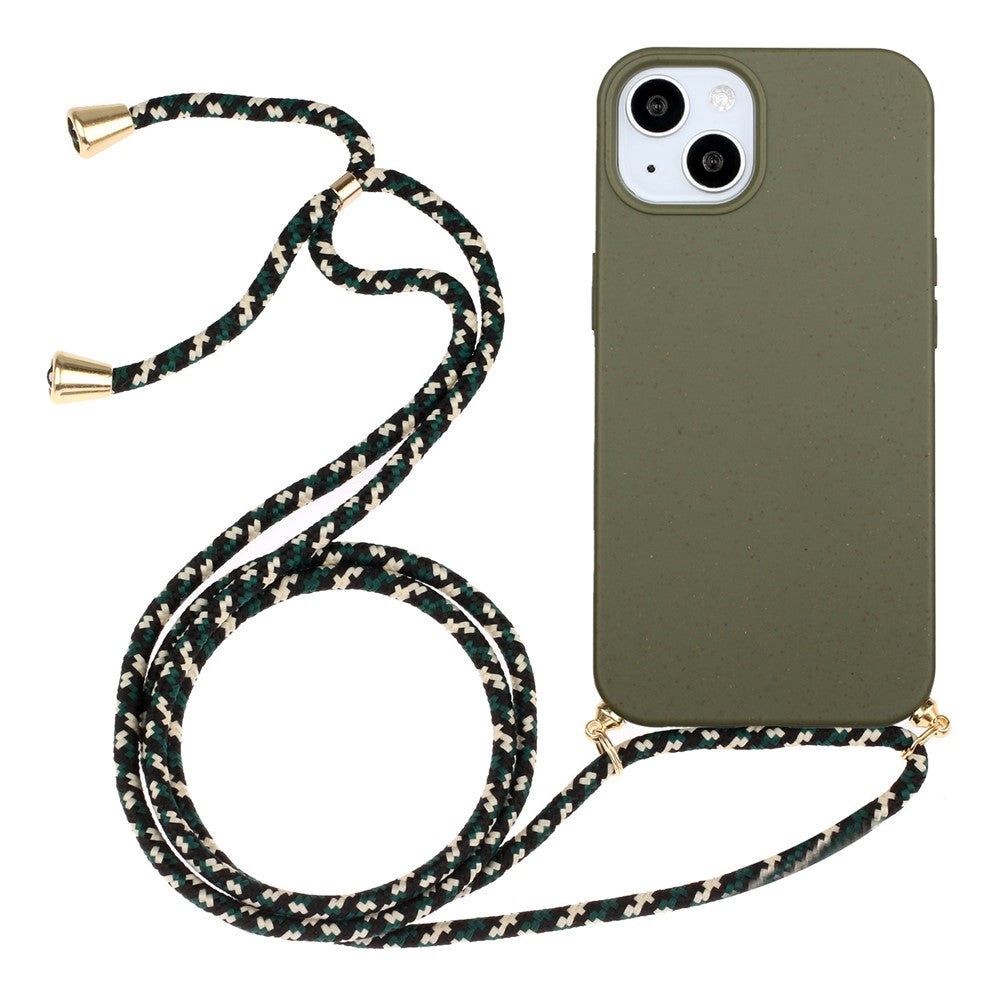 For iPhone 15 Eco-Friendly Phone Case Compostable Wheat Straw+TPU Shock Absorbing Cover with Lanyard
