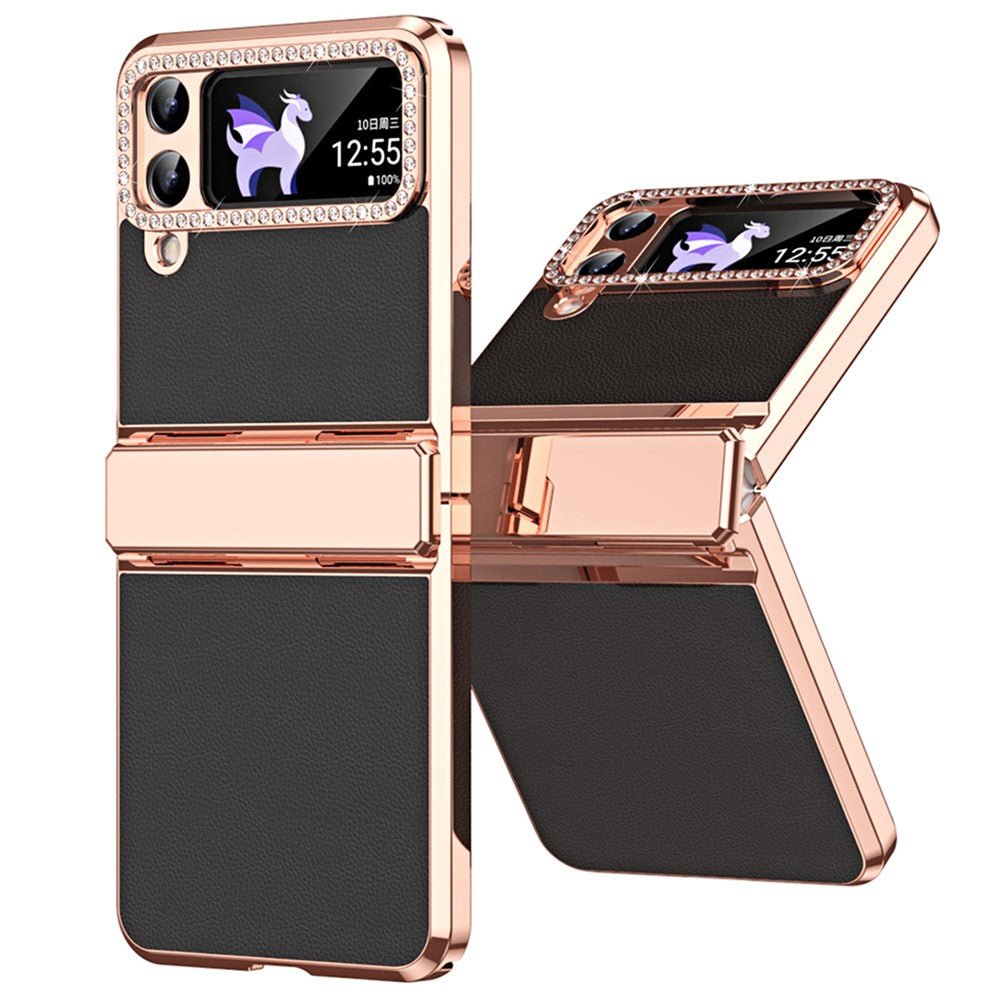 For Samsung Galaxy Z Flip4 5G Hinge Protection Phone Case PU Leather+PC Electroplating Cover