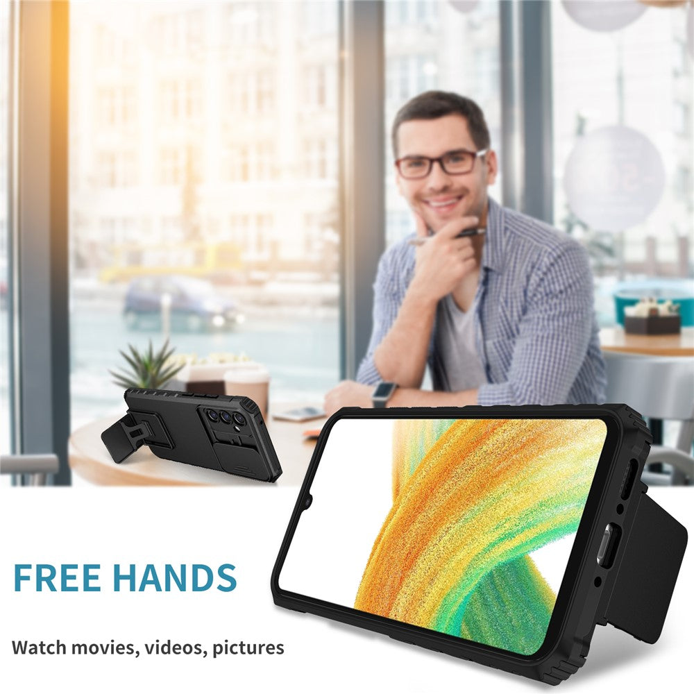 For Samsung Galaxy A34 5G Kickstand Phone Case PC + TPU Phone Protector with Slide Camera Cover