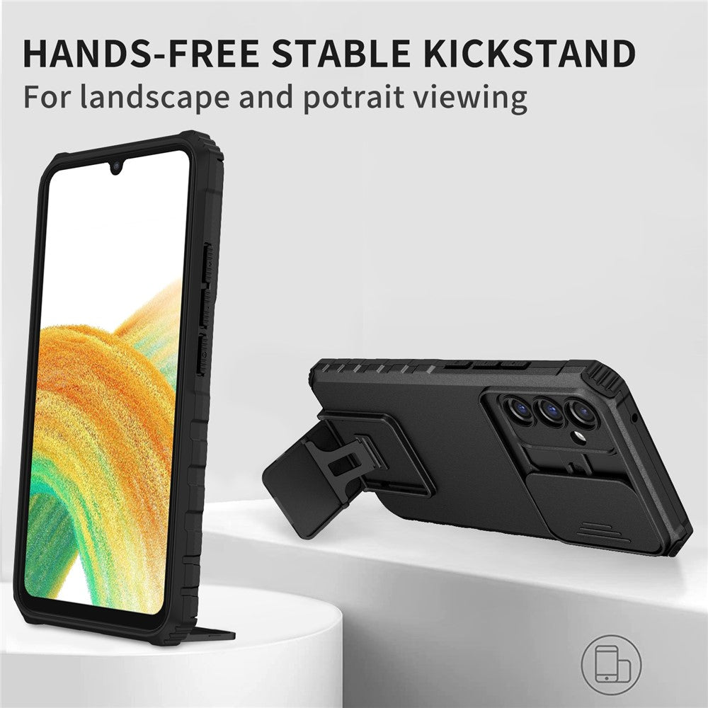 For Samsung Galaxy A34 5G Kickstand Phone Case PC + TPU Phone Protector with Slide Camera Cover