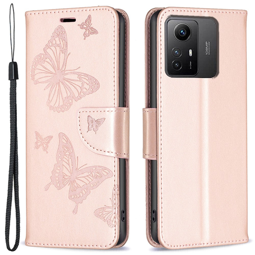 Xiaomi Redmi Note 12S 4G stativplånbokmobilskal flipfodral i läder med fjärilstryck och rem