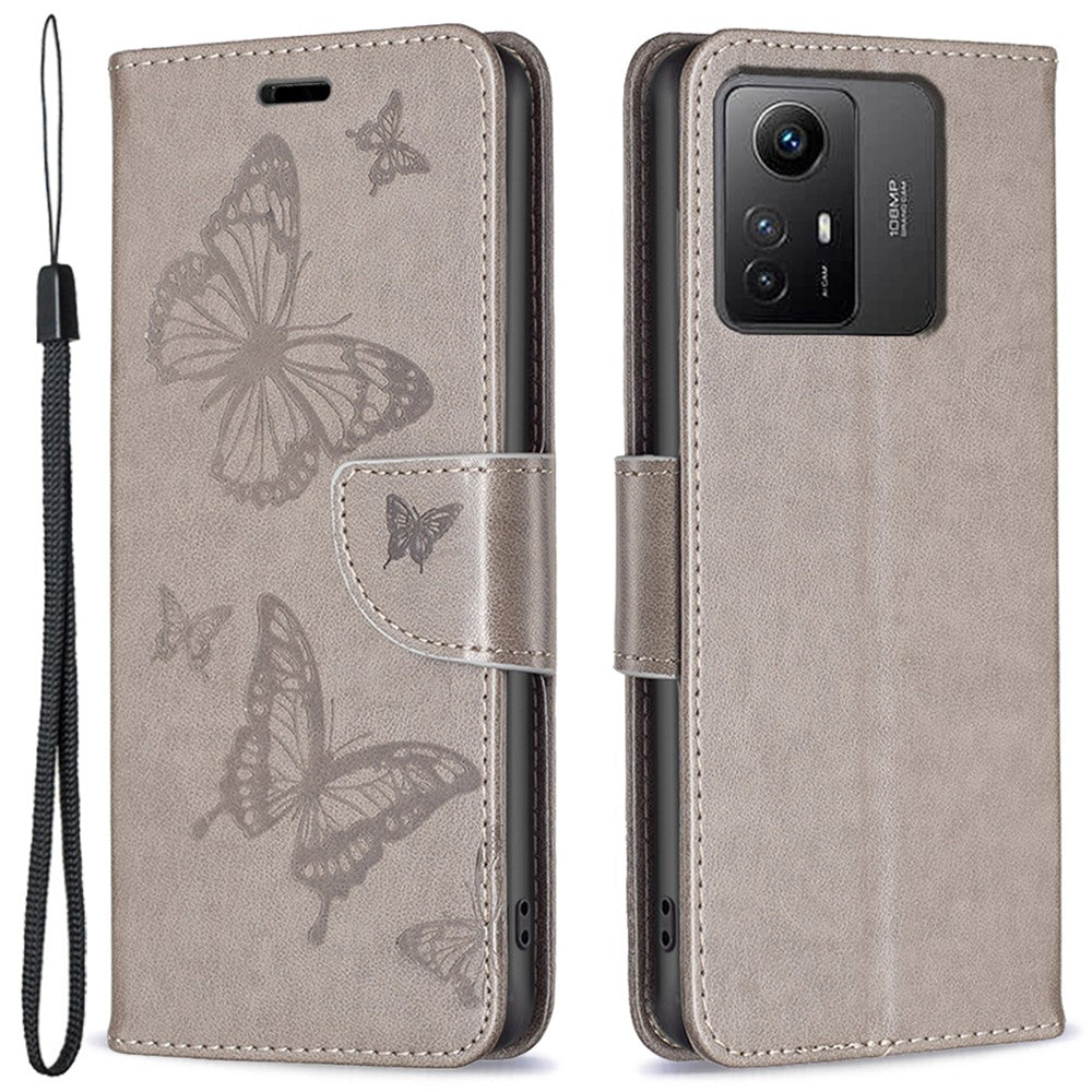 Xiaomi Redmi Note 12S 4G stativplånbokmobilskal flipfodral i läder med fjärilstryck och rem