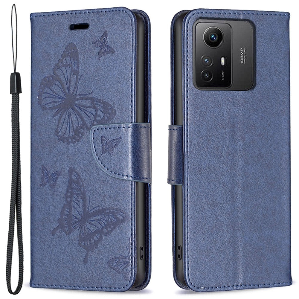 Xiaomi Redmi Note 12S 4G stativplånbokmobilskal flipfodral i läder med fjärilstryck och rem