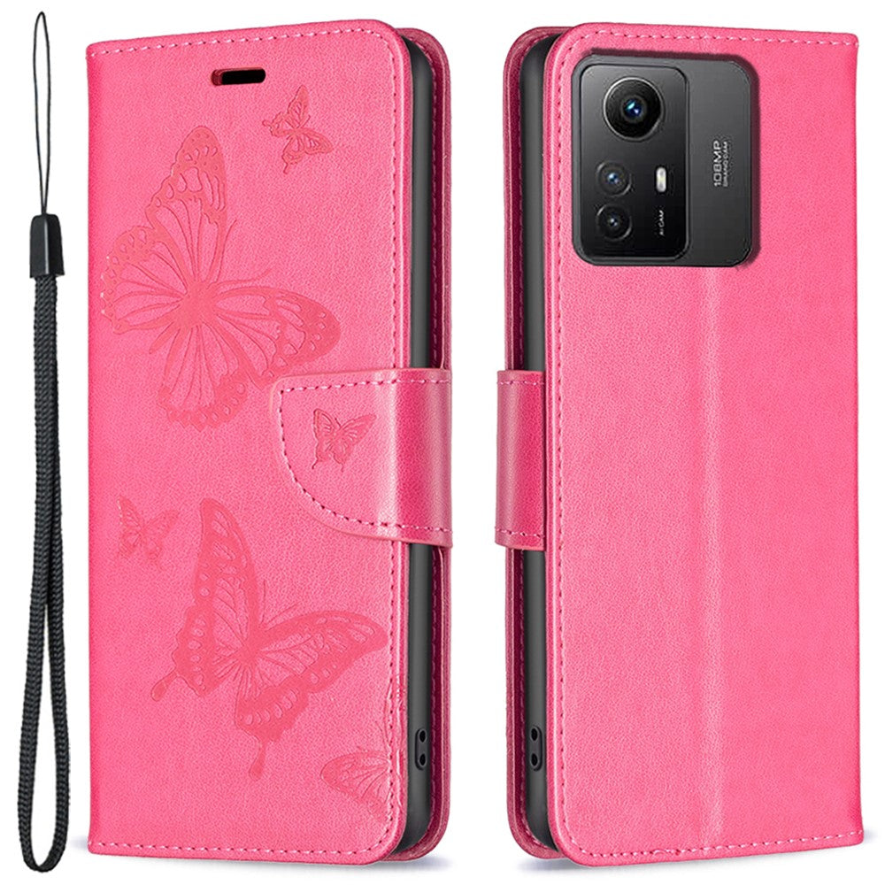 Xiaomi Redmi Note 12S 4G stativplånbokmobilskal flipfodral i läder med fjärilstryck och rem