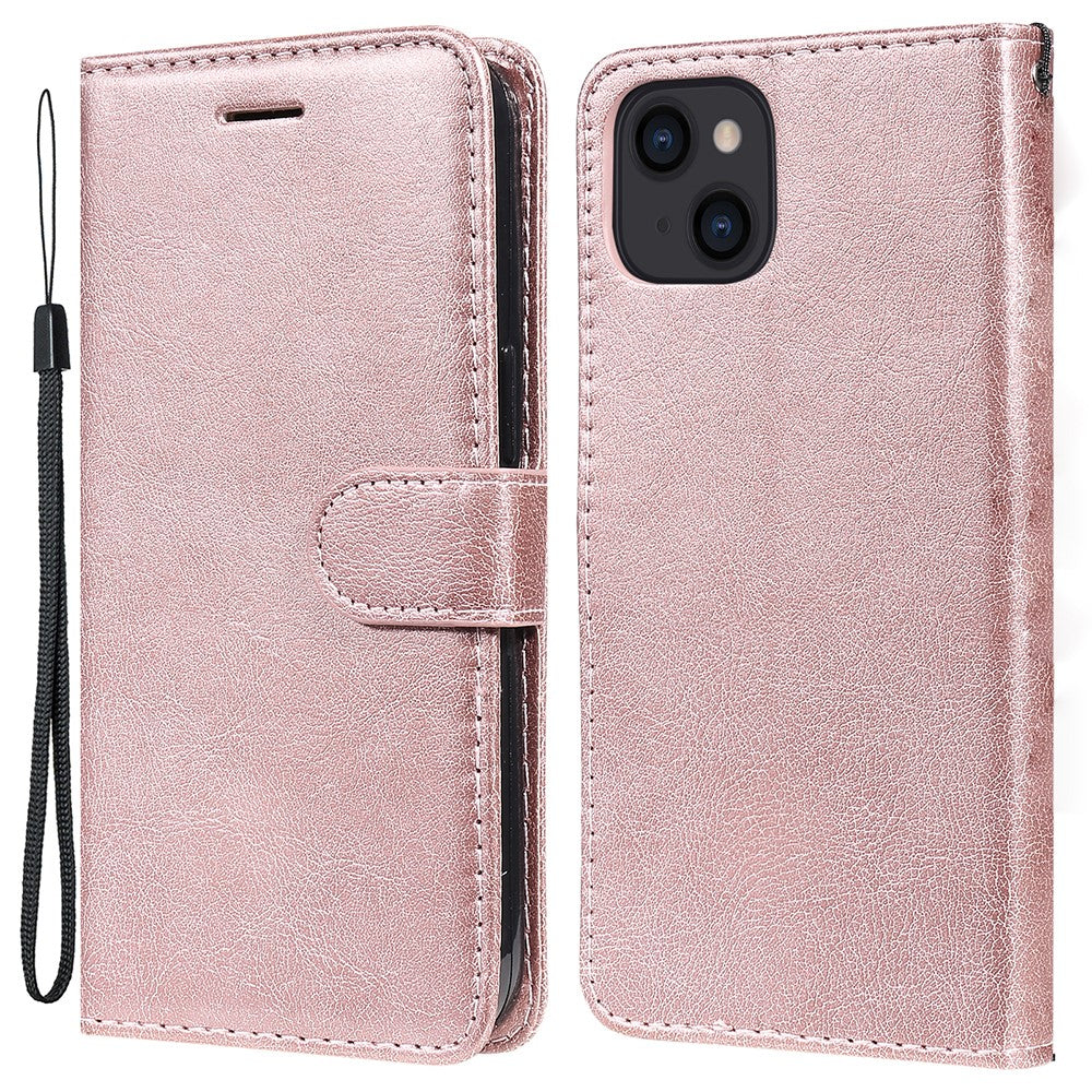 Til iPhone 15 Cover Ensfarvet Læder Mobilcover Pung Stand med Rem