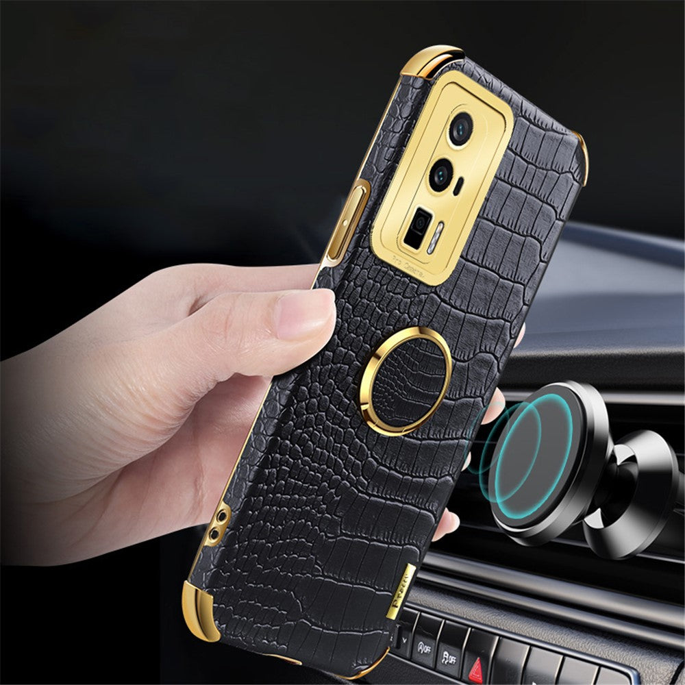 For Xiaomi Poco F5 Pro 5G / Redmi K60 5G / K60 Pro 5G Ring Kickstand Phone Case Crocodile Texture Leather Coated TPU Back Cover