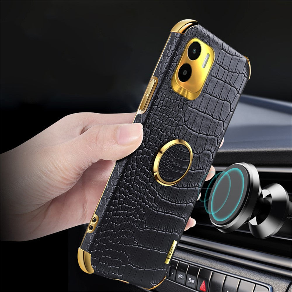 For Xiaomi Redmi A1 4G / A2 4G Crocodile Texture Leather Coated TPU Phone Case 6D Electroplated Cover with Ring Kickstand
