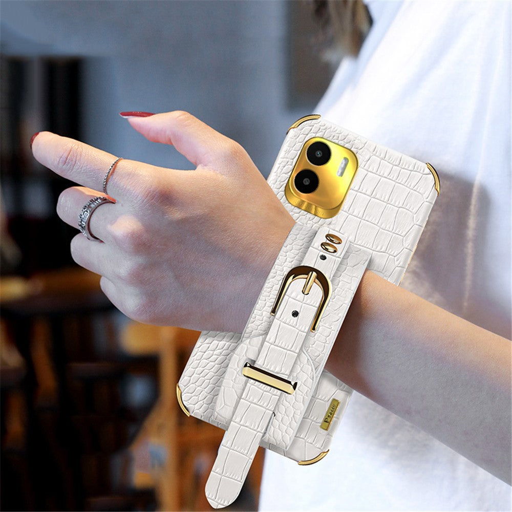For Xiaomi Redmi A1 4G / A2 4G Wristband Kickstand PU Leather Coated TPU Case Electroplating Phone Cover