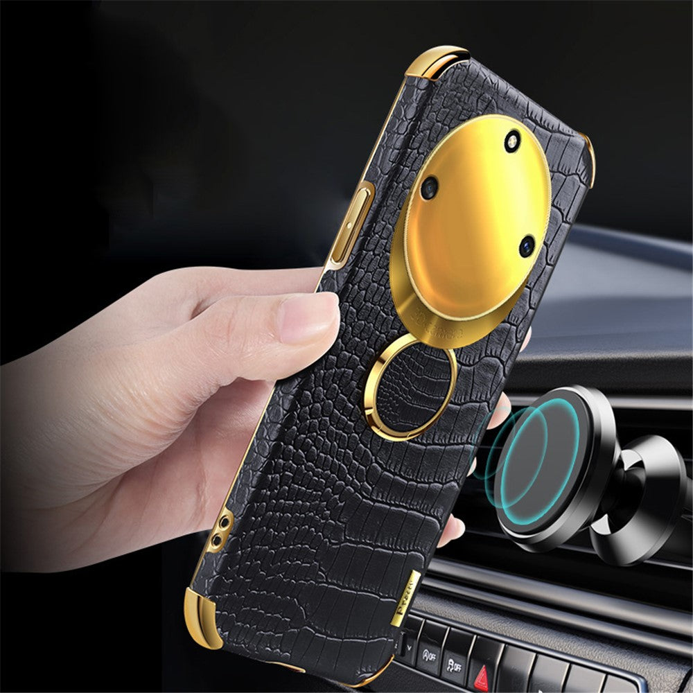 For Honor X40 5G Kickstand Phone Case Crocodile Texture PU Leather Coated 6D Electroplated TPU Cover
