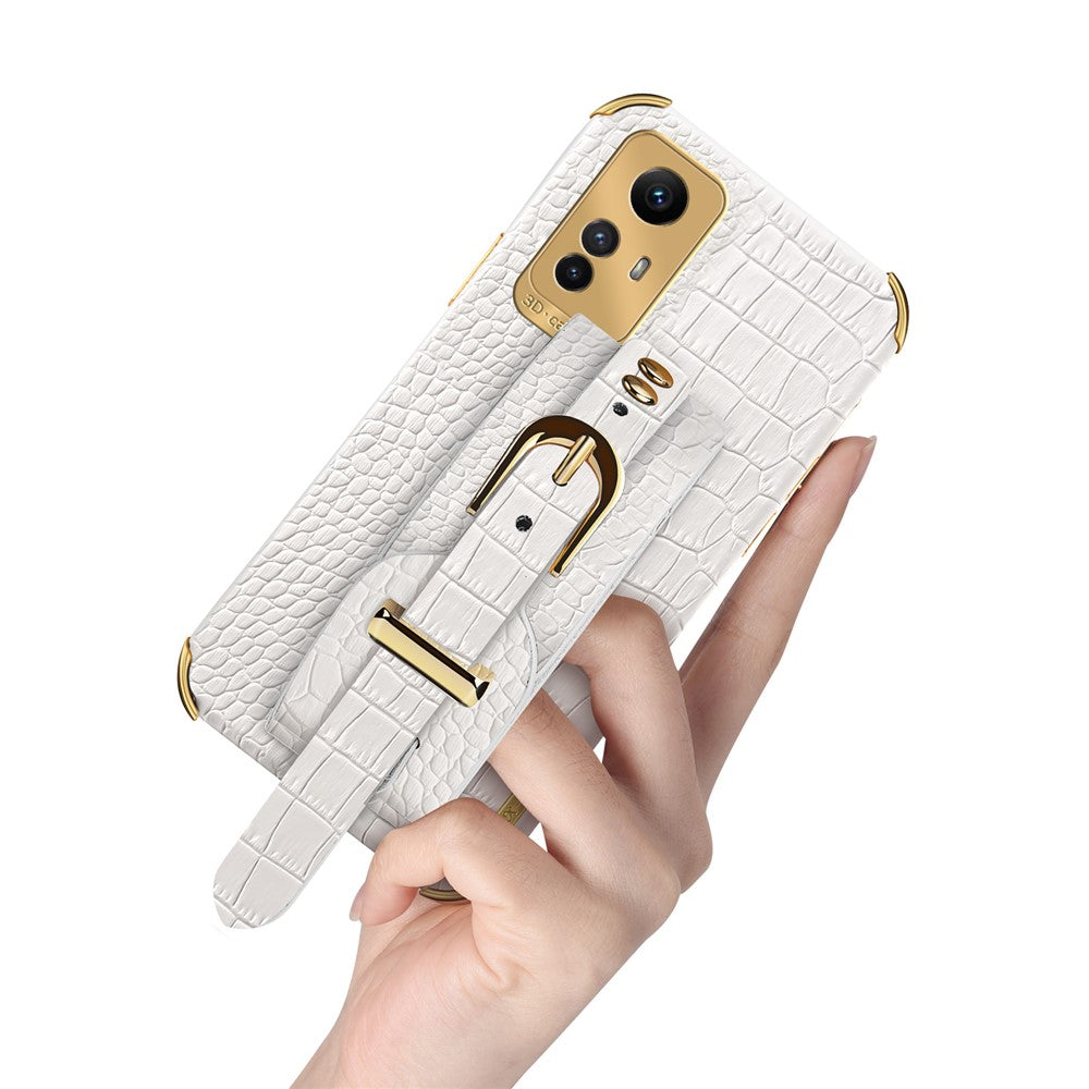 For Xiaomi Redmi Note 12S 4G Electroplating Phone Cover Wristband Kickstand Leather Coated TPU Case