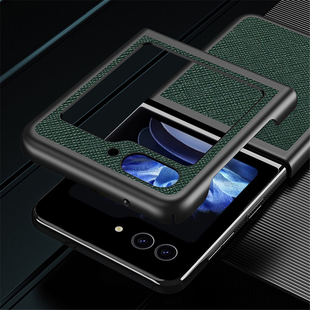 Til Samsung Galaxy Z Flip5 5G Telefoncover med krydstekstur i gummieret PU-læder og hårdt PC-telefoncover