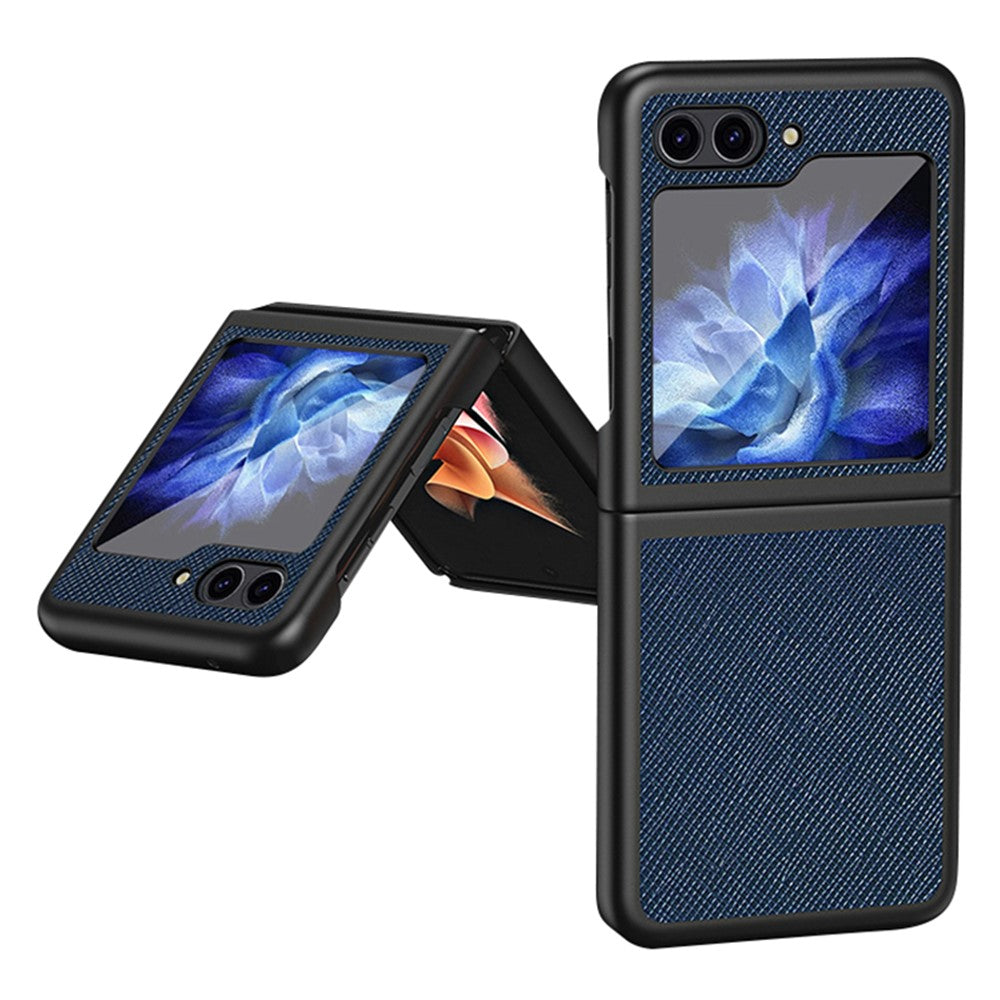 Til Samsung Galaxy Z Flip5 5G Telefoncover med krydstekstur i gummieret PU-læder og hårdt PC-telefoncover