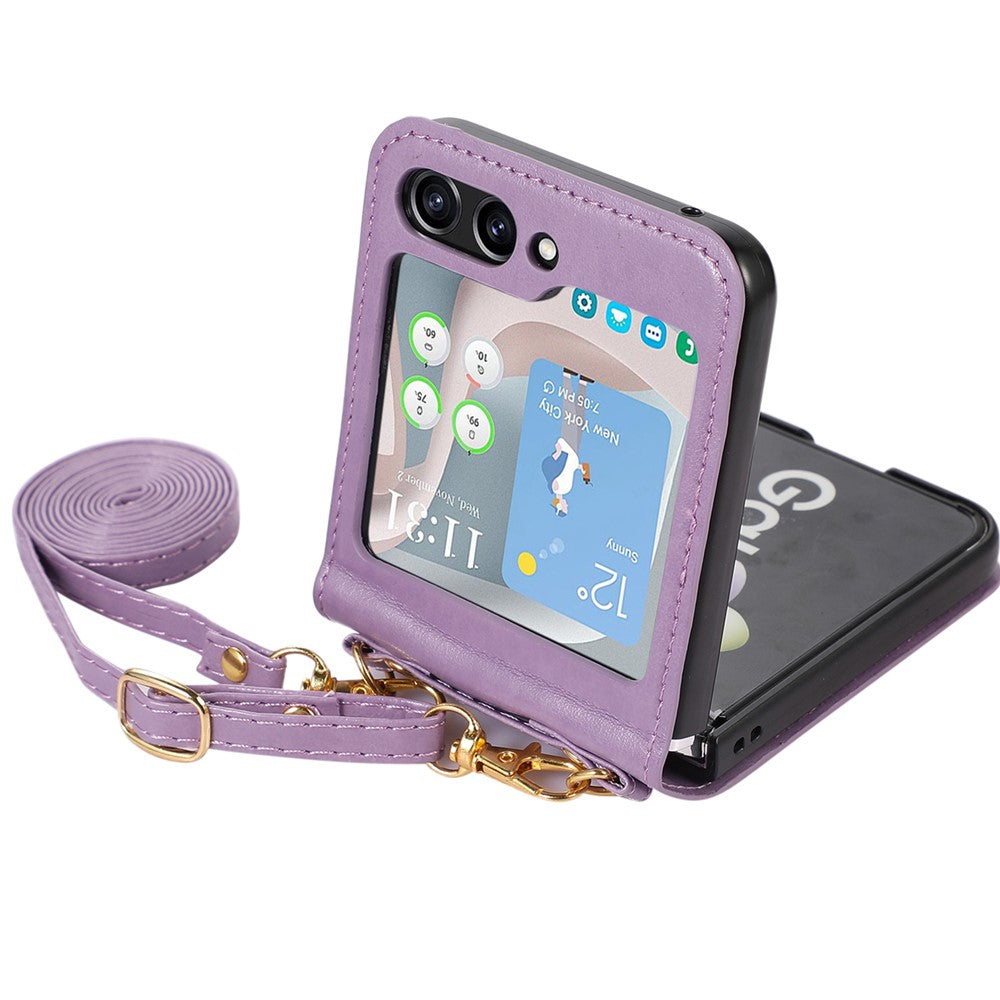 Til Samsung Galaxy Z Flip5 5G PU Læder PC Telefoncover Anti-fald Beskyttelsescover med Skulderrem