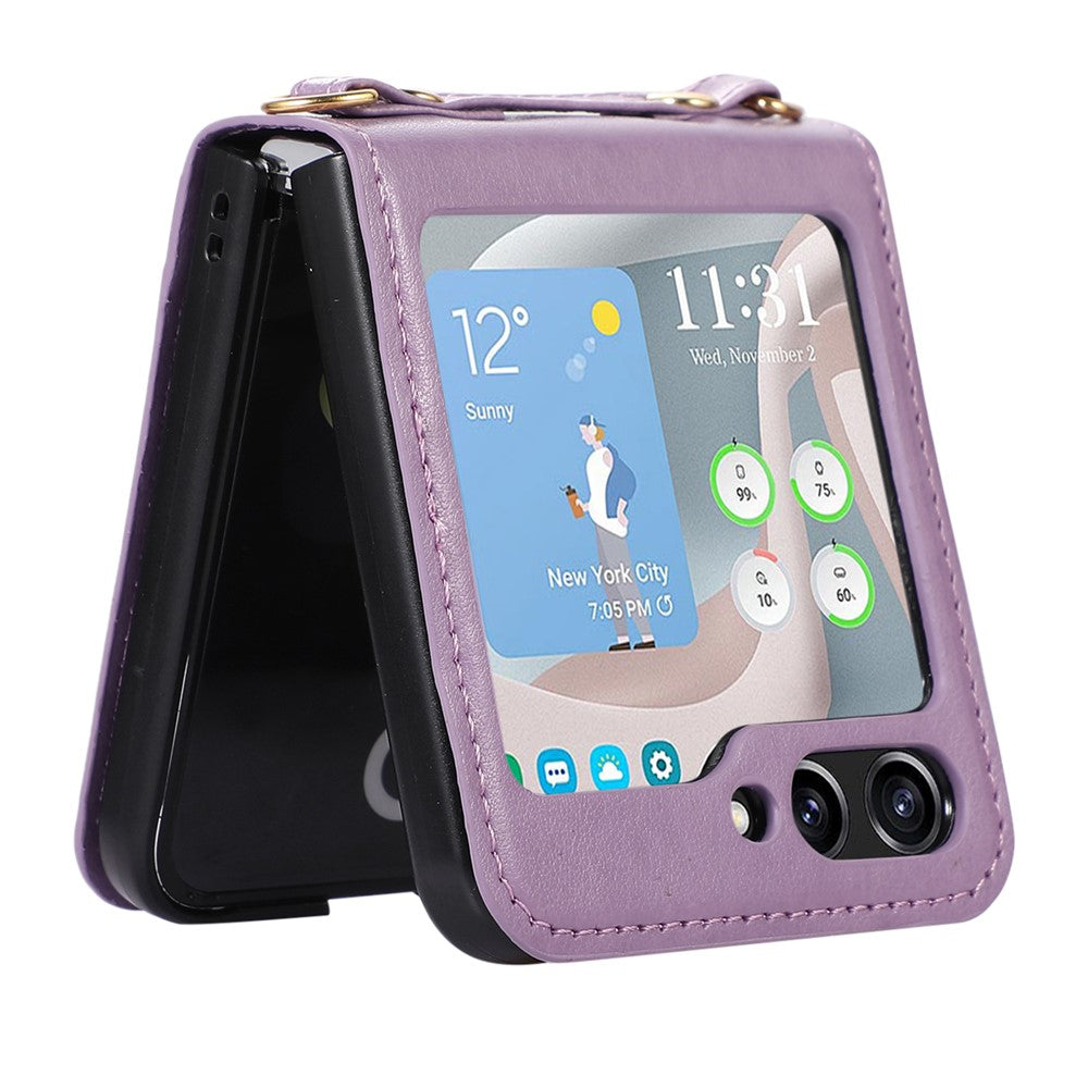 Til Samsung Galaxy Z Flip5 5G PU Læder PC Telefoncover Anti-fald Beskyttelsescover med Skulderrem