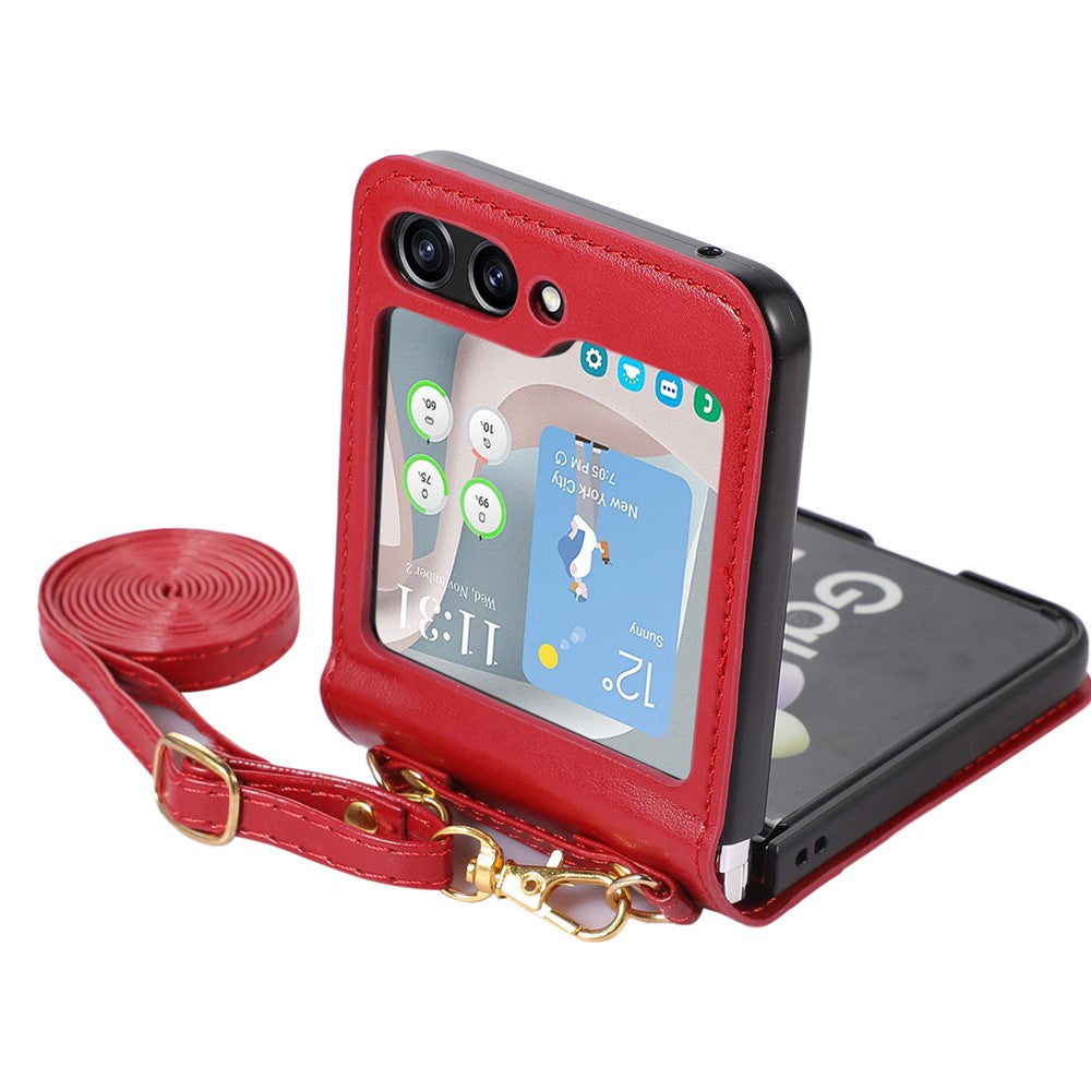 Til Samsung Galaxy Z Flip5 5G PU Læder PC Telefoncover Anti-fald Beskyttelsescover med Skulderrem