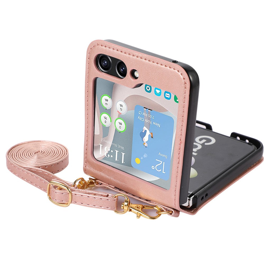 Til Samsung Galaxy Z Flip5 5G PU Læder PC Telefoncover Anti-fald Beskyttelsescover med Skulderrem