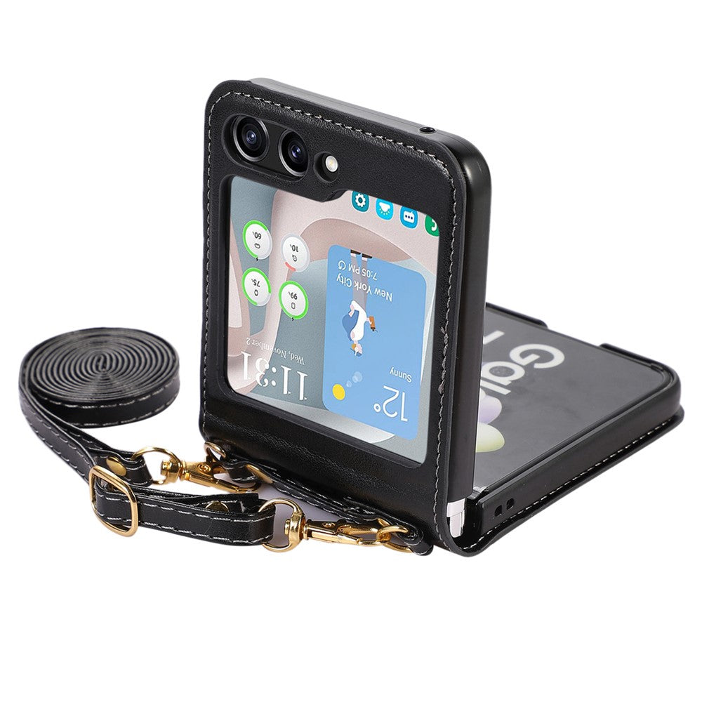 Til Samsung Galaxy Z Flip5 5G PU Læder PC Telefoncover Anti-fald Beskyttelsescover med Skulderrem
