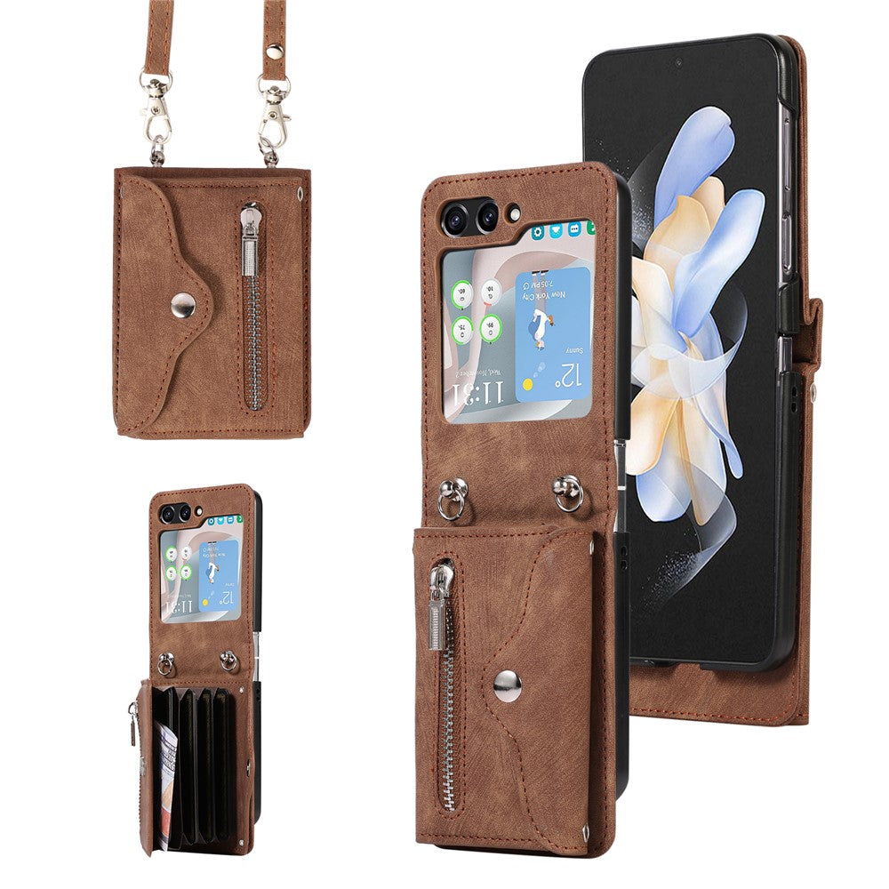 For Samsung Galaxy Z Flip5 5G RFID Blocking Card Bag Case PU Leather+PC Phone Cover with Kickstand