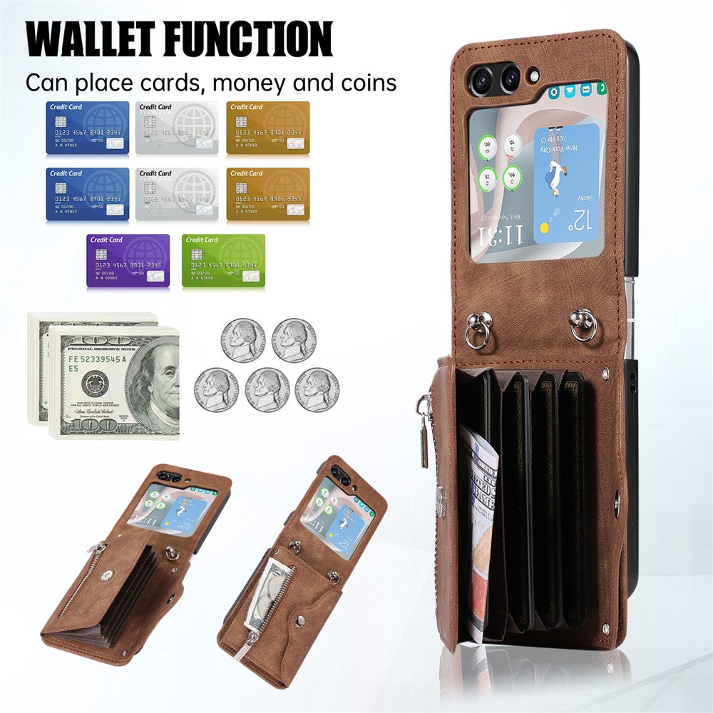 For Samsung Galaxy Z Flip5 5G RFID Blocking Card Bag Case PU Leather+PC Phone Cover with Kickstand