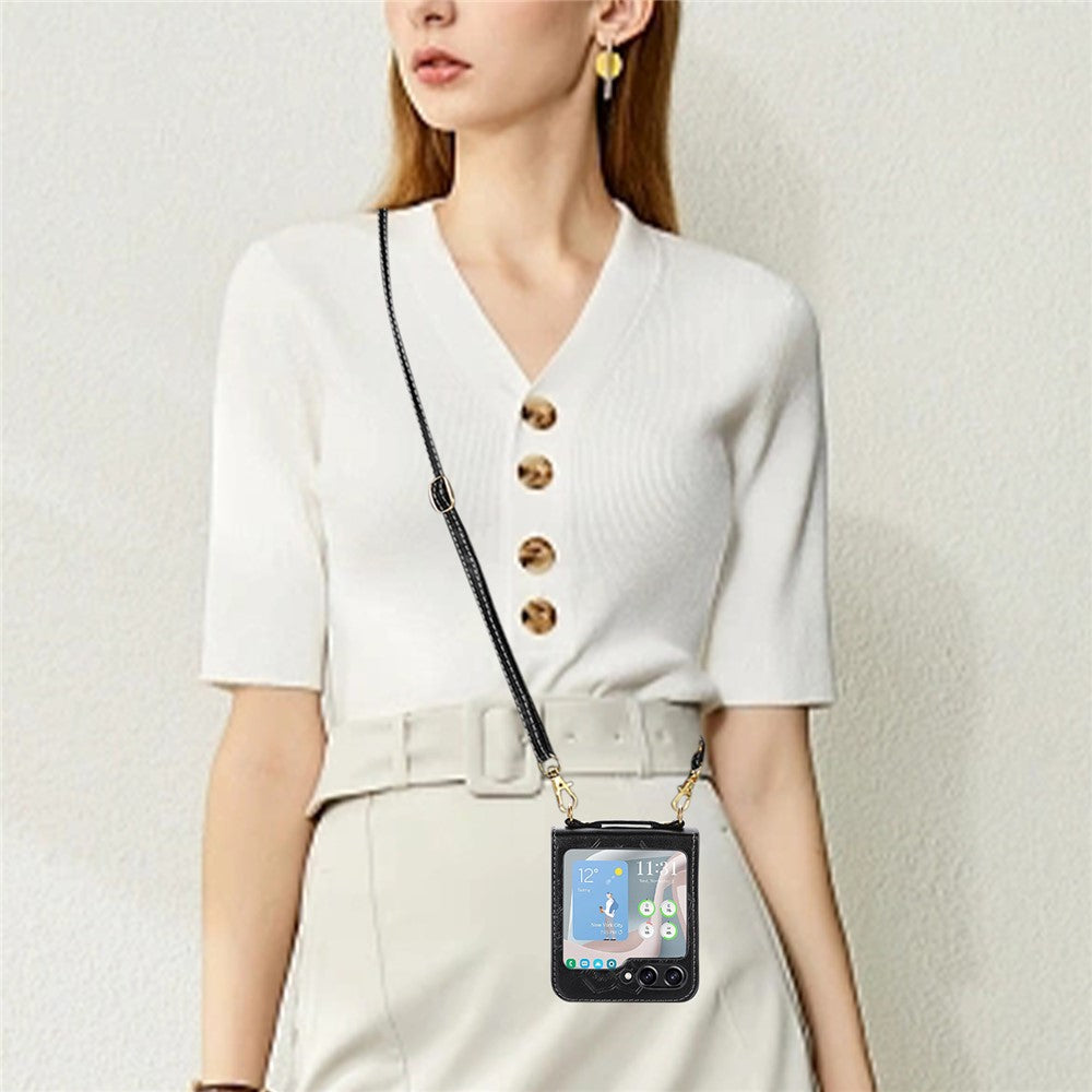 For Samsung Galaxy Z Flip5 5G Flower Imprinted Phone Case Anti-Drop PU Leather PC Cover with Shoulder Strap