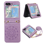 For Samsung Galaxy Z Flip5 5G Flower Imprinted Phone Case Anti-Drop PU Leather PC Cover with Shoulder Strap