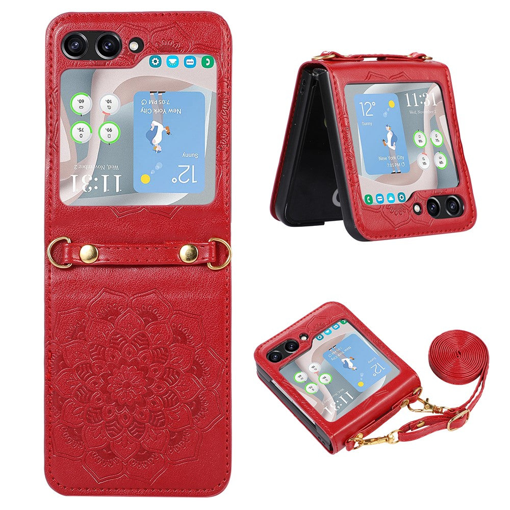 For Samsung Galaxy Z Flip5 5G Flower Imprinted Phone Case Anti-Drop PU Leather PC Cover with Shoulder Strap